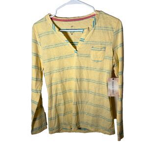Paradise Shores T-Shirt Women's Small Yellow V-Neck Long Sleeve Striped NWT